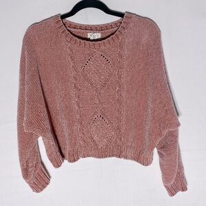 Yes Lola Pink Cable Knit Chenille Long Sleeve Cropped Crew Neck Sweater XS